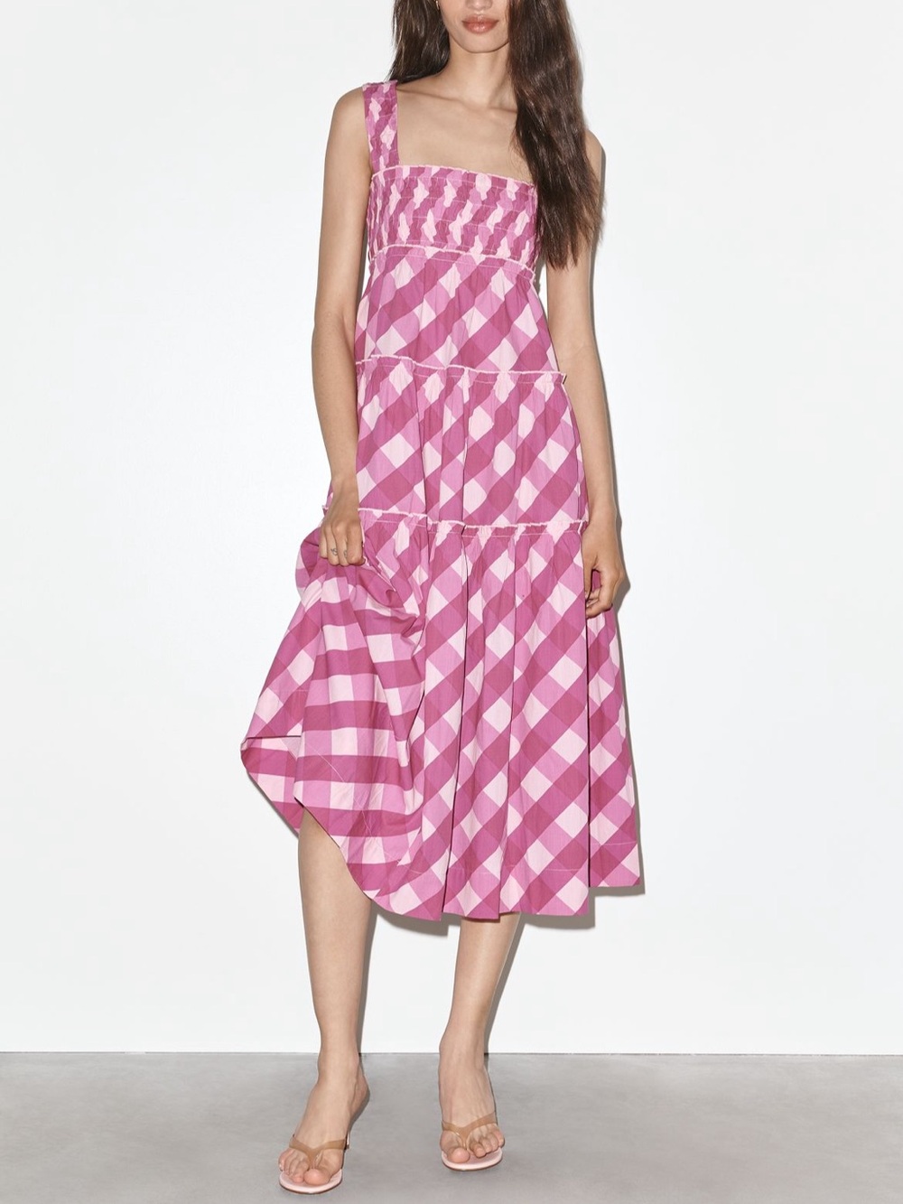 Maeve Helena Pink Gingham Tiered Midi Dress - Picture 1 of 4